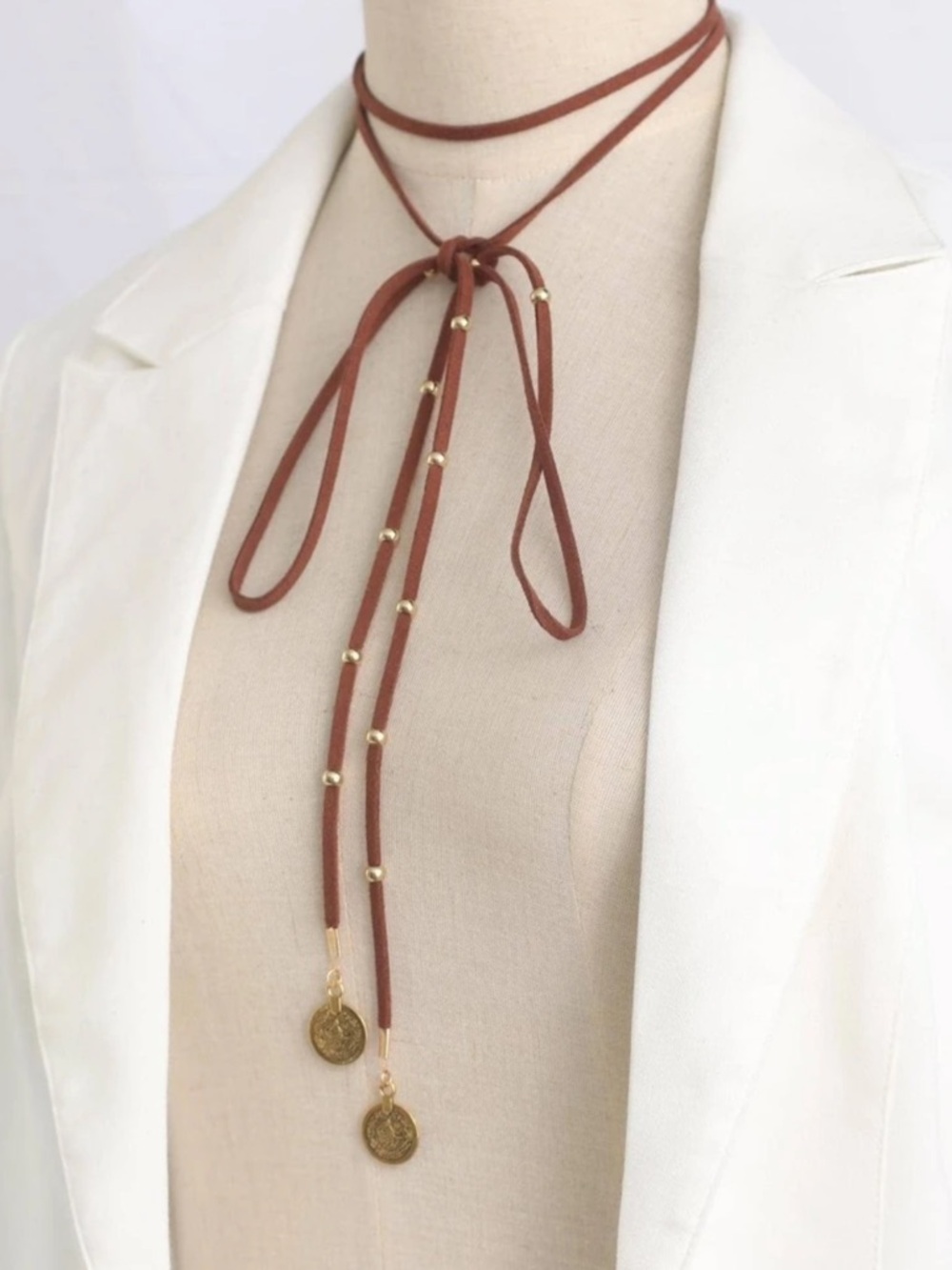 Brown Suede Lariat Necklace with Gold Coin Charms